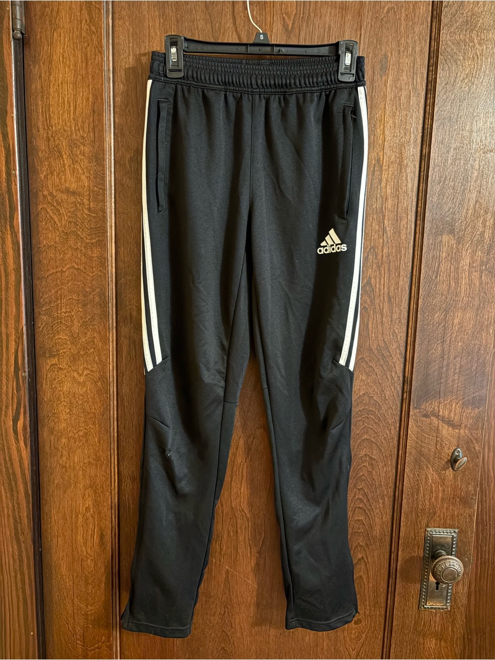 adidas Black Joggers 13-14 Y - L with White Side Stripes (small hole knee)